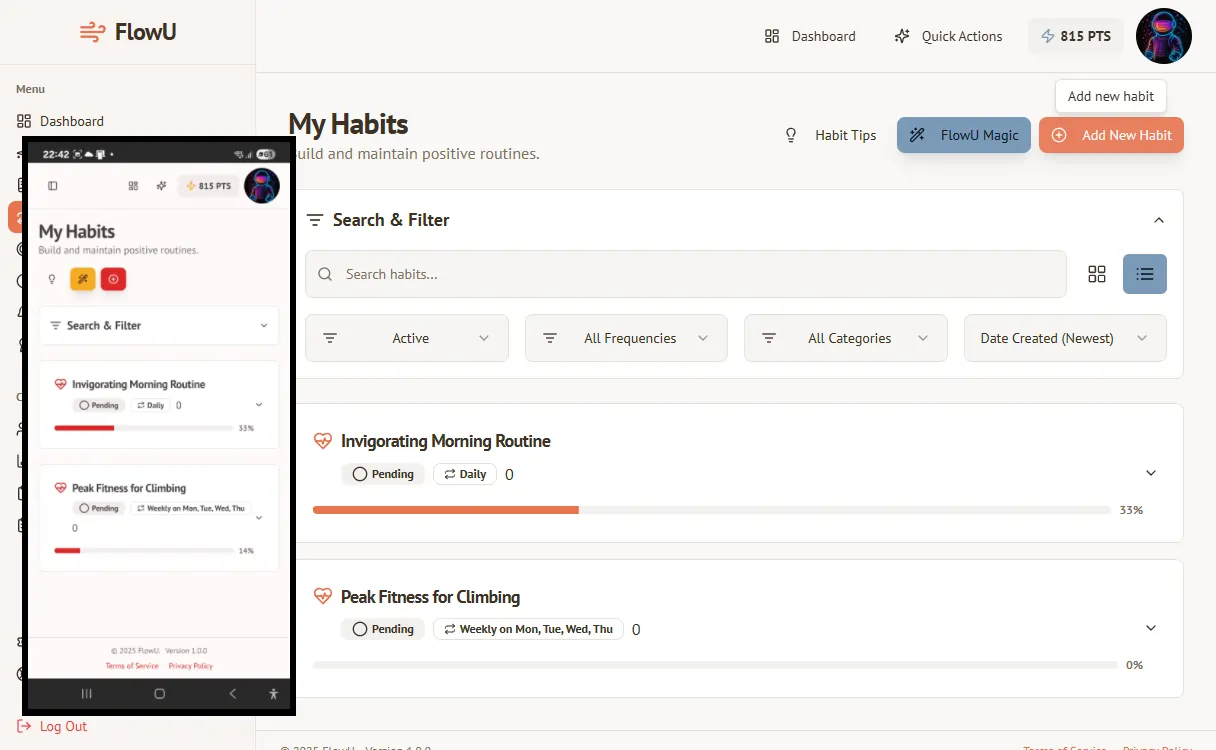 FlowU Habits Page with streak counters